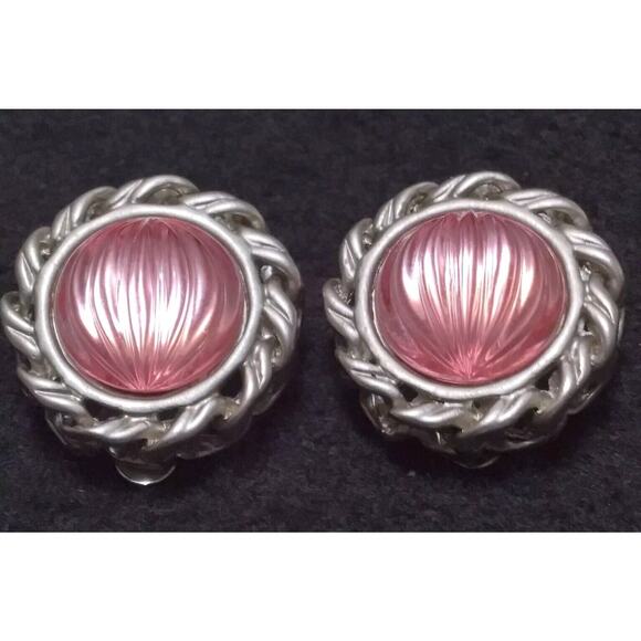 Vintage Earrings Pink Glass Cabochons Dome Clip-on Chunky Silvertone Bezel Set - Picture 1 of 7